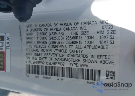 2020 Honda Cr-V Awd Ex z USA, uszkodzony, nr VIN 2HKRW2H52LH657939